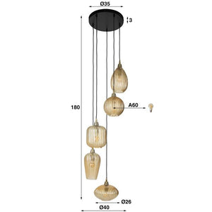 Hanglamp 5L V-shape pattern getrapt / Amberkleurig glas