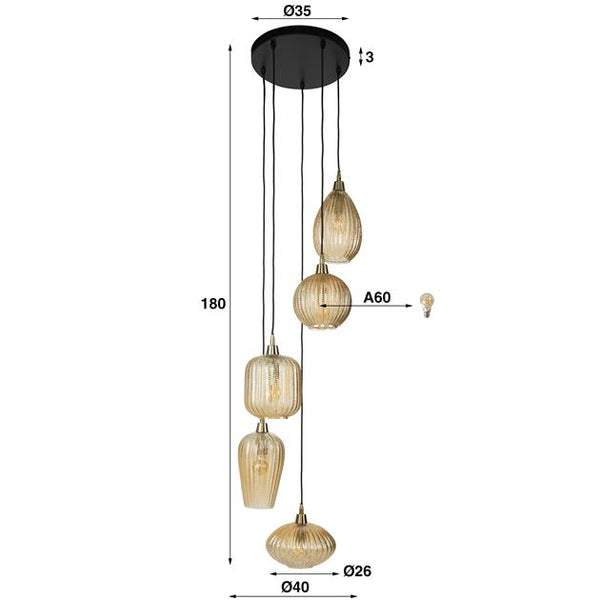 Hanglamp 5L V-shape pattern getrapt / Amberkleurig glas