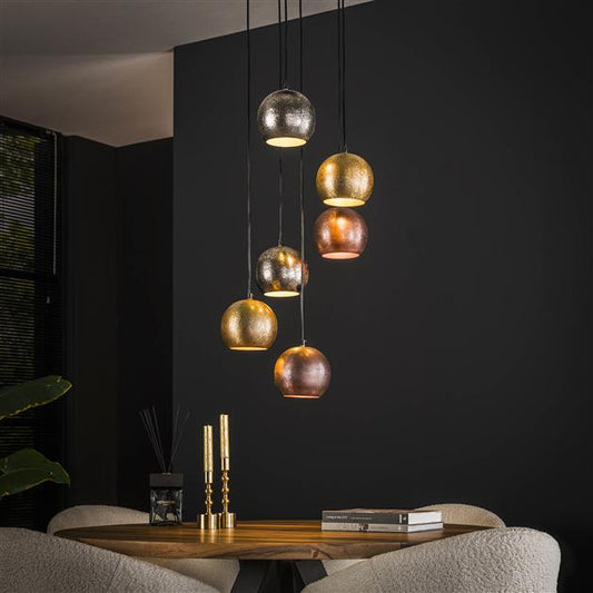 Hanglamp 6x bol getrapt metal print / Mat nikkel mix color (Magazijn sale)