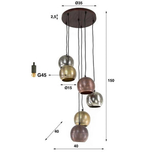 Hanglamp 6x bol getrapt metal print / Mat nikkel mix color