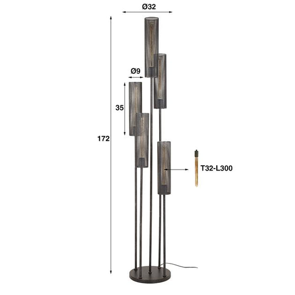 Vloerlamp 5L getrapt tube mesh / Artic zwart