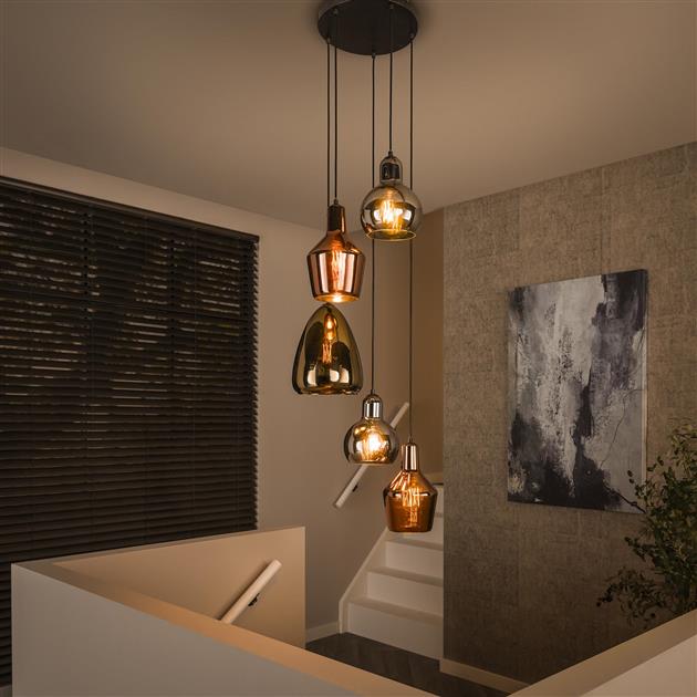 Hanglamp 5L getrapt mix glass tricolore / Artic zwart