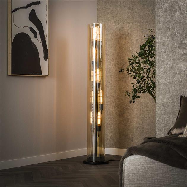 Vloerlamp 5L tube amber glas / Artic zwart (Magazijn sale)
