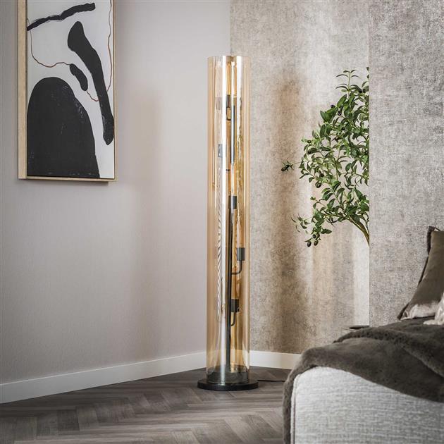 Vloerlamp 5L tube amber glas / Artic zwart (Magazijn sale)