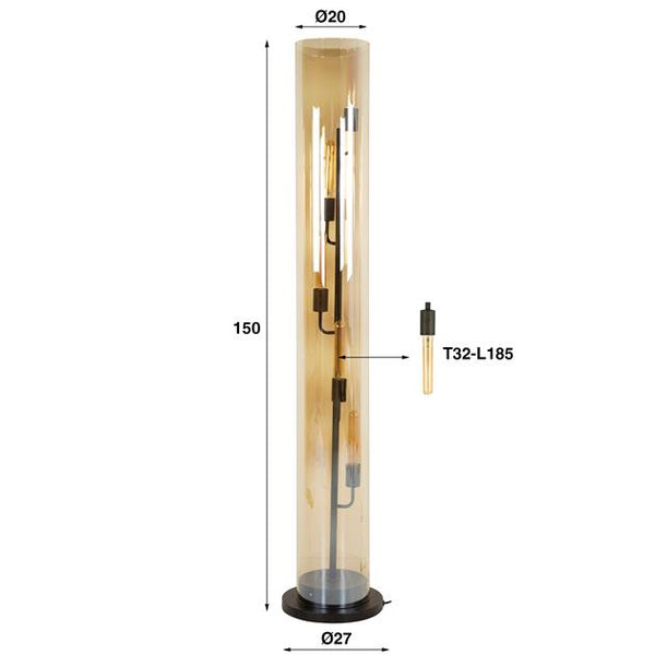 Vloerlamp 5L tube amber glas / Artic zwart (Magazijn sale)