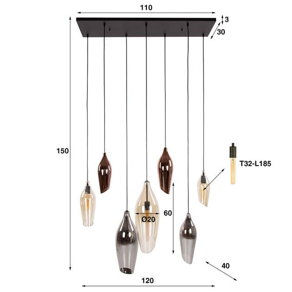 Hanglamp 4+3 cocoon mix glass / Zwart