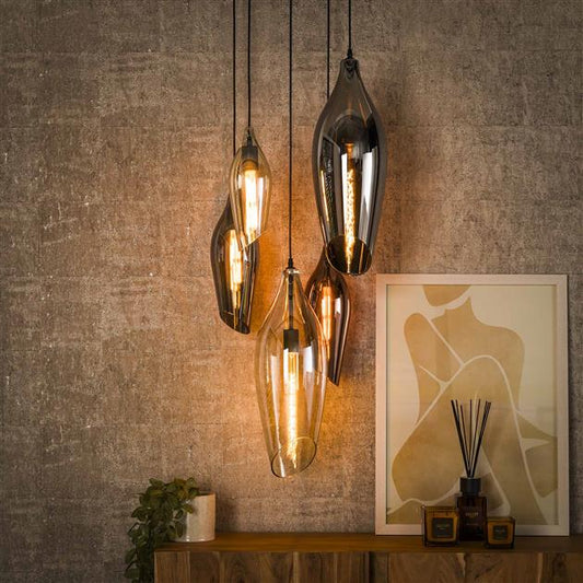 Hanglamp 5L getrapt cocoon mix glass / Zwart