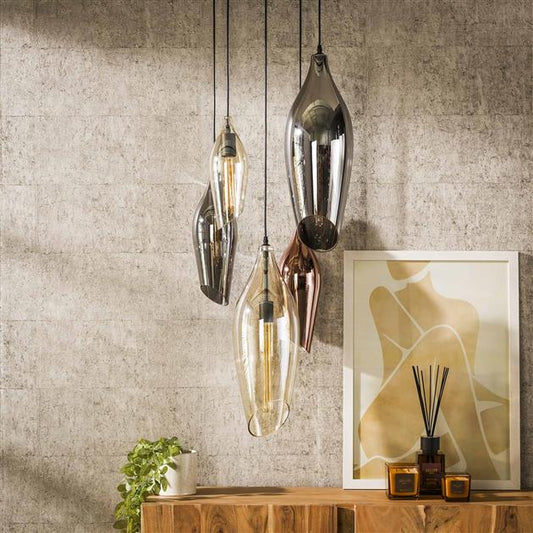 Hanglamp 5L getrapt cocoon mix glass / Zwart