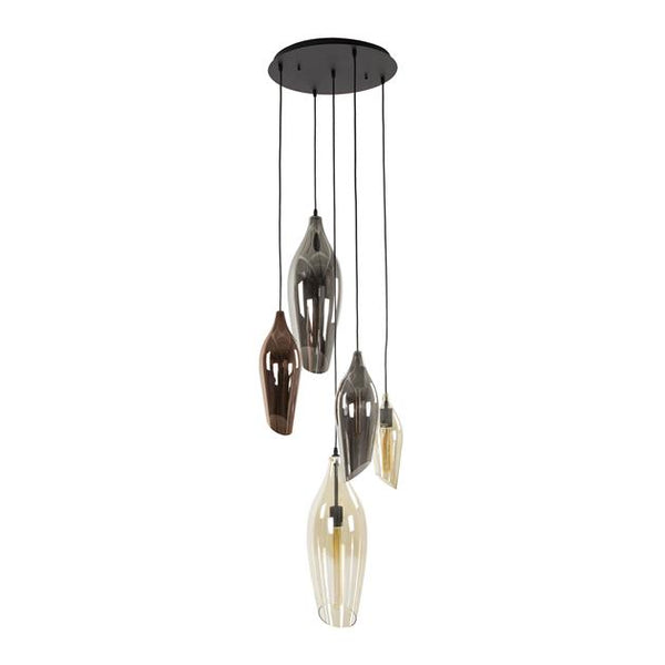 Hanglamp 5L getrapt cocoon mix glass / Zwart