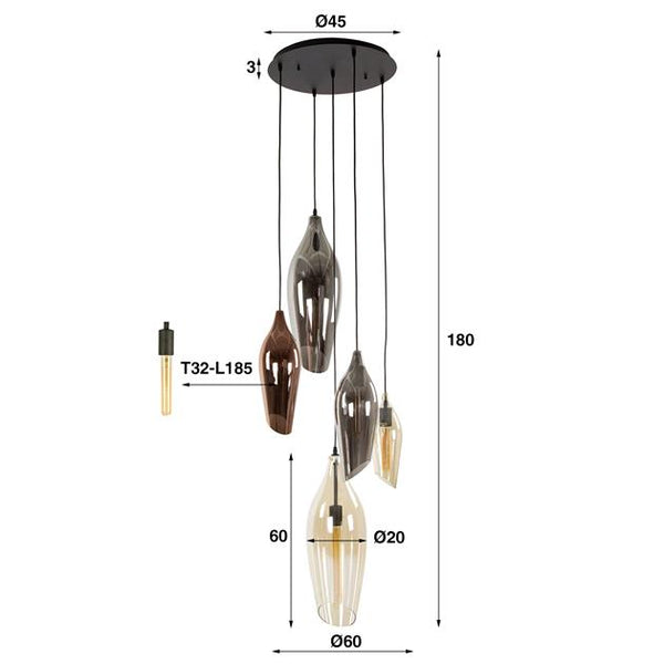 Hanglamp 5L getrapt cocoon mix glass / Zwart