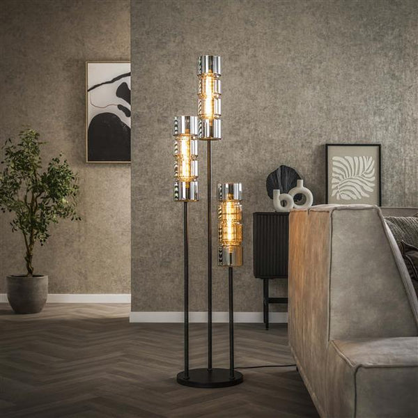 Vloerlamp 3L getrapt cylinder glas / Artic zwart