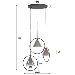 Hanglamp 3L ring getrapt tapse kap / Smoke grey glas (Magazijn sale)