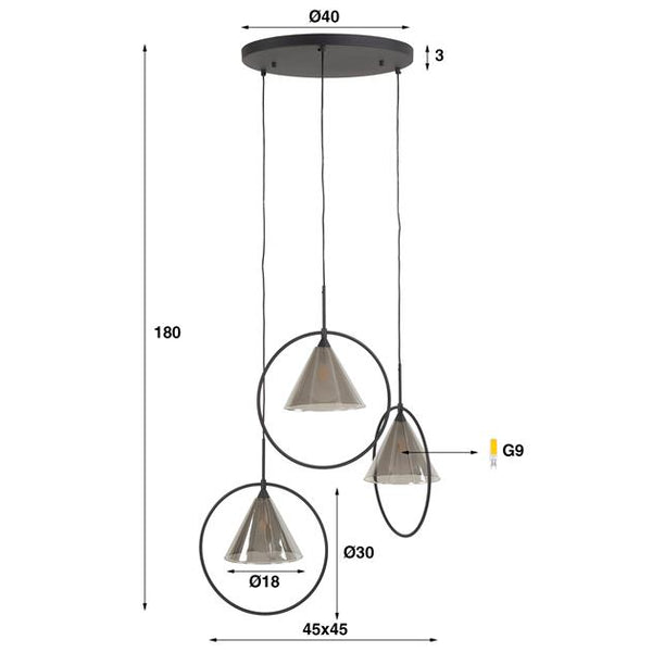 Hanglamp 3L ring getrapt tapse kap / Smoke grey glas (Magazijn sale)