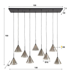 Hanglamp 5+4 tapse kap glas / Smoke grey glas (Magazijn sale)