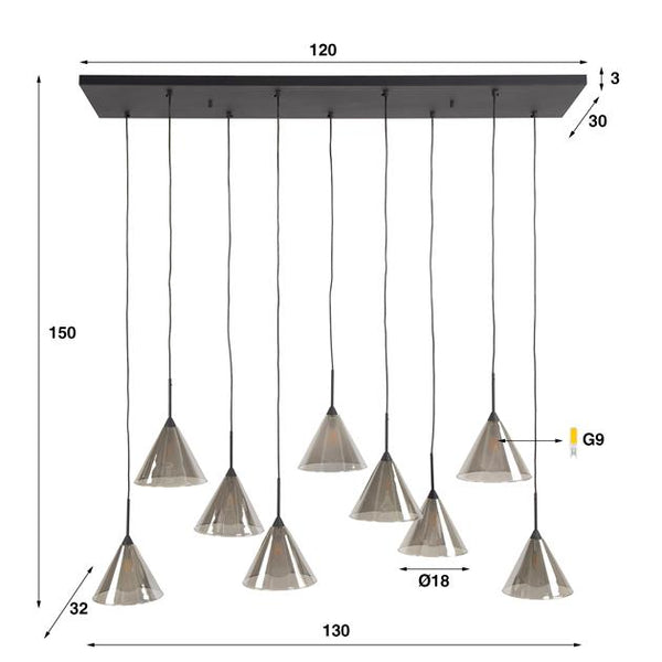 Hanglamp 5+4 tapse kap glas / Smoke grey glas (Magazijn sale)