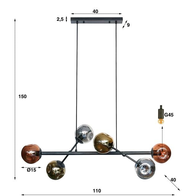 Hanglamp 6L molecule mix glass / Artic zwart (Magazijn sale)