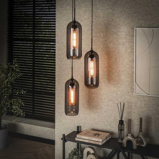 Hanglamp 3L getrapt smoke glas-geperforeerd staal / Artic zwart (Magazijn sale)