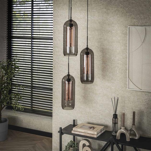Hanglamp 3L getrapt smoke glas-geperforeerd staal / Artic zwart (Magazijn sale)