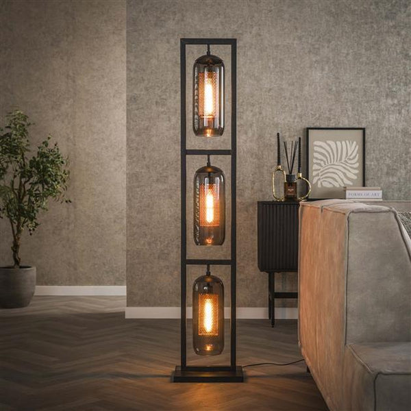 Vloerlamp 3L tower smoke glas-geperforeerd staal / Artic zwart