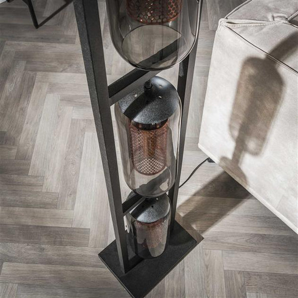 Vloerlamp 3L tower smoke glas-geperforeerd staal / Artic zwart