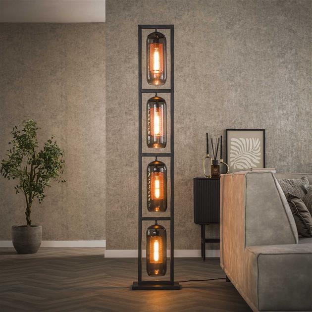 Vloerlamp 4L tower smoke glas-geperforeerd staal / Artic zwart
