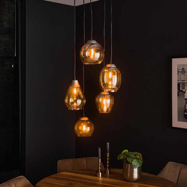 Hanglamp 5L getrapt mix / Amberkleurig glas