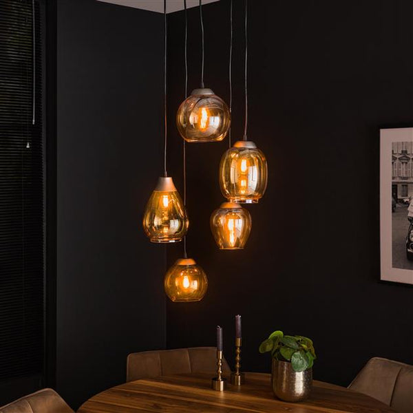 Hanglamp 5L getrapt mix / Amberkleurig glas