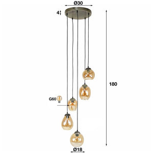 Hanglamp 5L getrapt mix / Amberkleurig glas