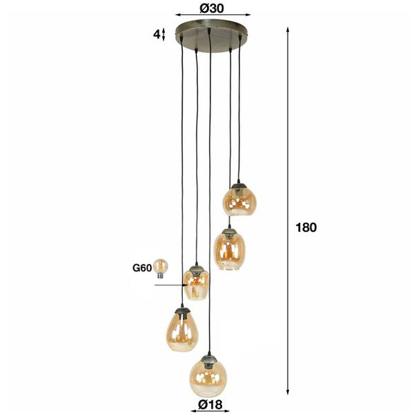 Hanglamp 5L getrapt mix / Amberkleurig glas