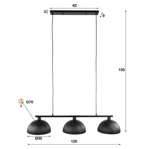 Hanglamp 3L halfronde kap-ribbel / Artic zwart