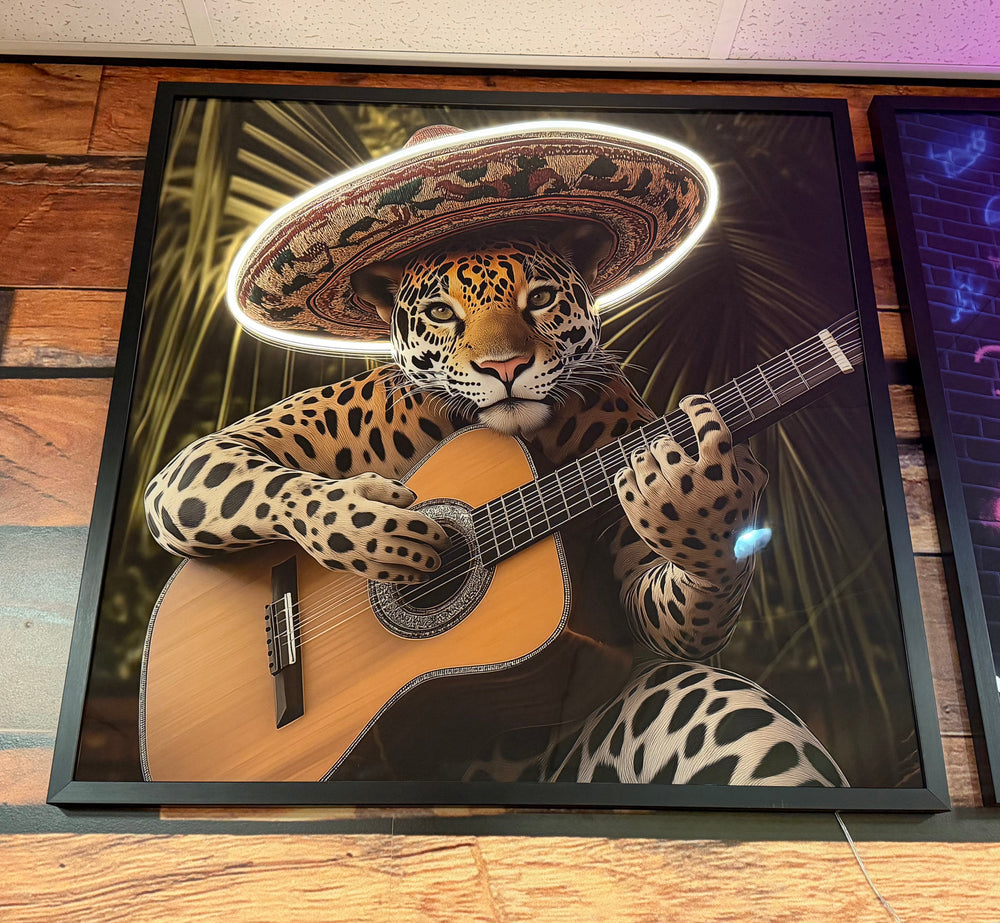 Glasschilderij met ledverlichting - Luipaard met gitaar 80x80 cm