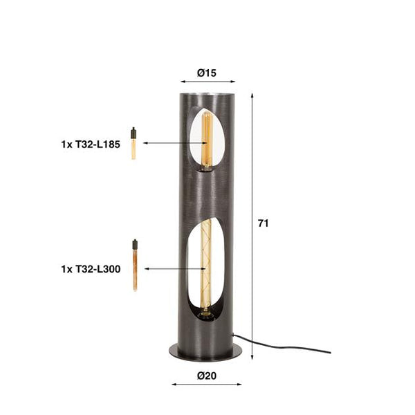 Vloerlamp Ø20 organic cylinder 2 lichts / Zwart nikkel (Magazijn sale)