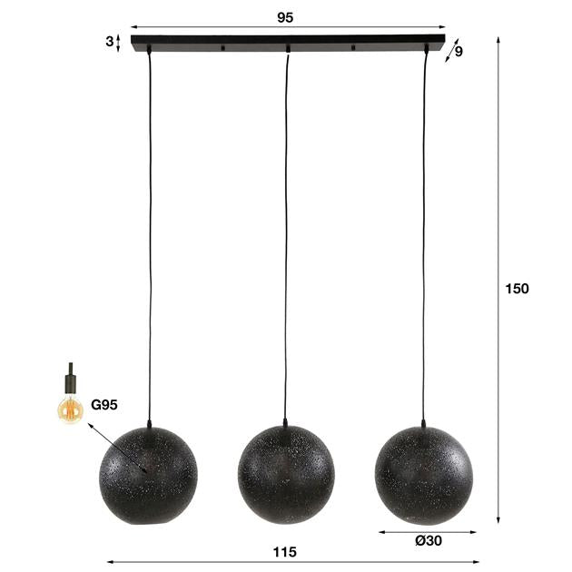 Hanglamp 3x Ø30 zip / Artic zwart (Magazijn sale)