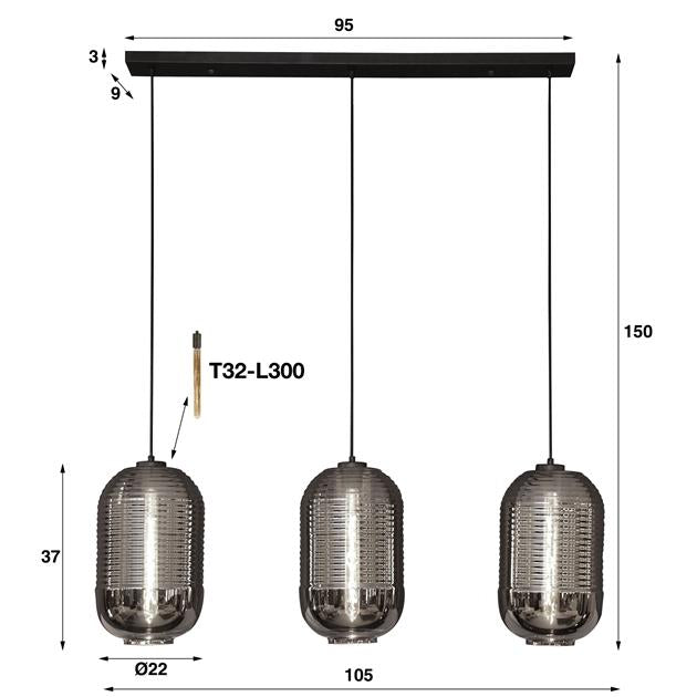 Hanglamp 3L tub chromed glass / Artic zwart (Magazijn sale)