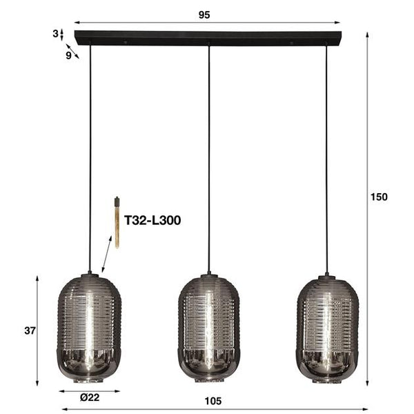 Hanglamp 3L tub chromed glass / Artic zwart (Magazijn sale)