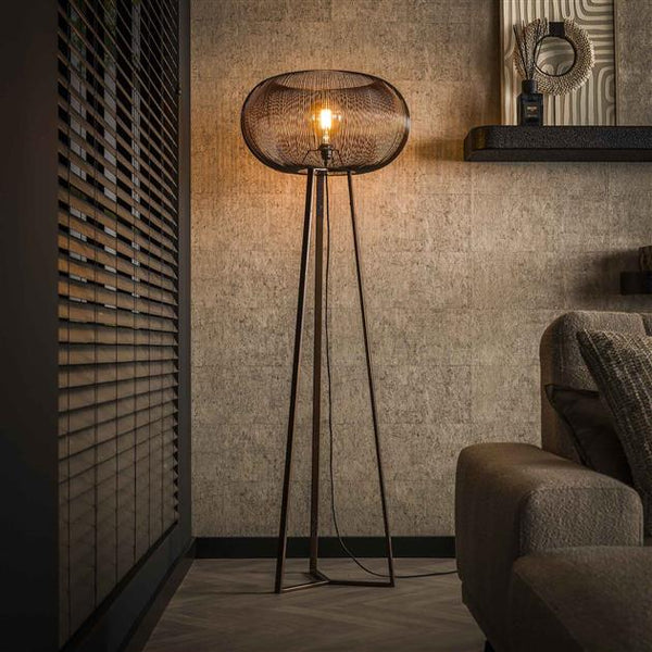 Vloerlamp 3-poot copper twist / Zwart nikkel