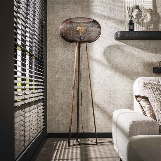 Vloerlamp 3-poot copper twist / Zwart nikkel