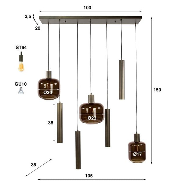 Hanglamp 4+3 metal and glass mix Bronza / Sienna brown