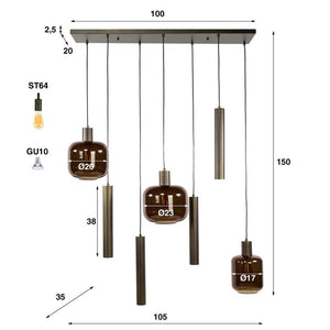 Hanglamp 4+3 metal and glass mix Bronza / Sienna brown