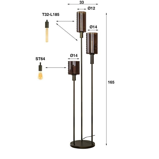 Vloerlamp 3 lichts getrapt Sepiora glas / Sienna brown