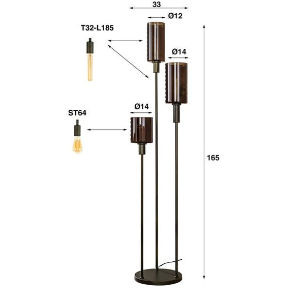 Vloerlamp 3 lichts getrapt Sepiora glas / Sienna brown