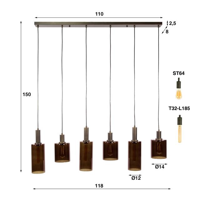 Hanglamp 6 lichts Sepiora glas / Sienna brown