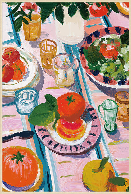 Canvas schilderij Handgeschilderd met lijst  'Picknick 2 '60x90 cm