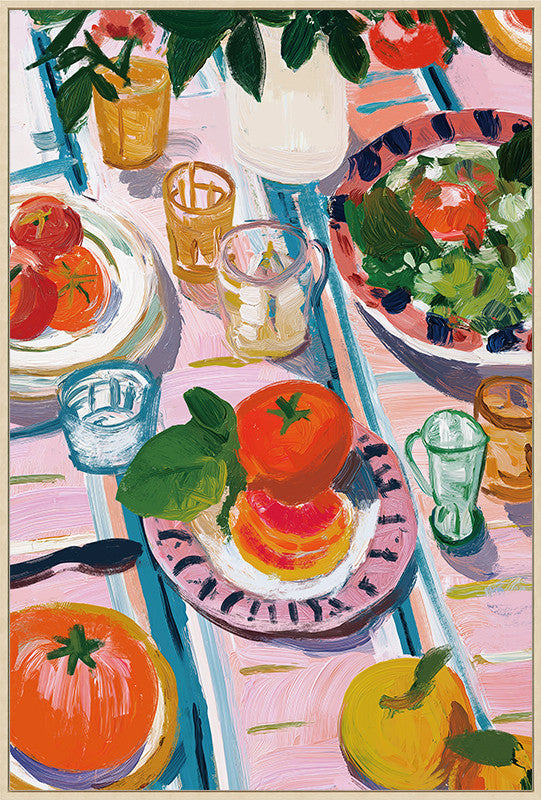 Canvas schilderij Handgeschilderd met lijst  'Picknick 2 '60x90 cm