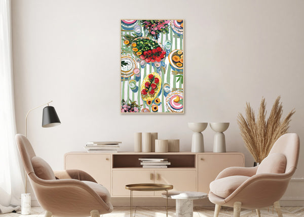 Canvas schilderij Handgeschilderd met lijst  'Picknick 1 '60x90 cm