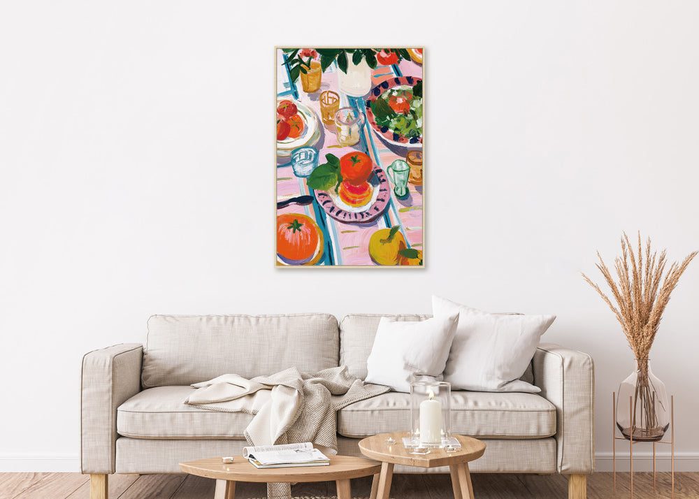 Canvas schilderij Handgeschilderd met lijst  'Picknick 2 '60x90 cm