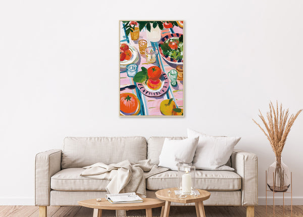 Canvas schilderij Handgeschilderd met lijst  'Picknick 2 '60x90 cm