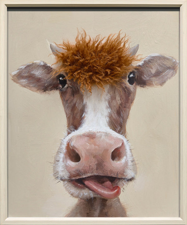 Aaibaar canvas schilderij met lijst & imitatie bont Gekke koe 50x60 cm