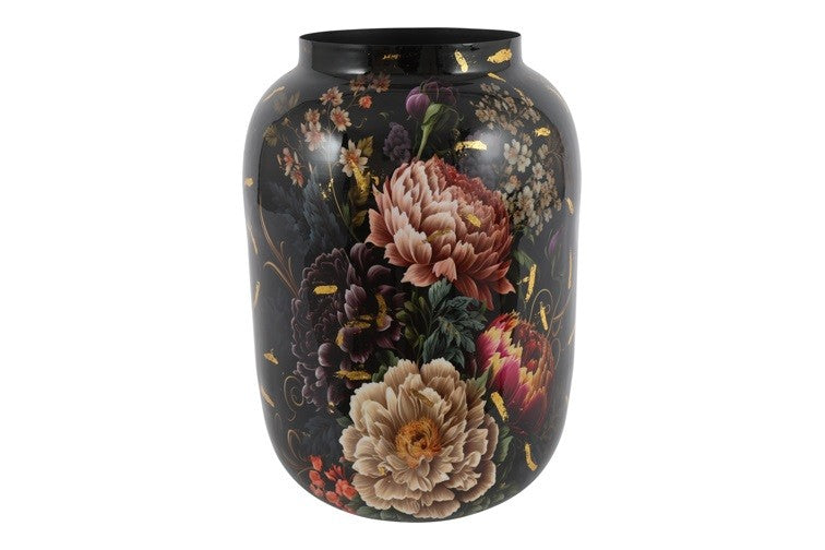 Ronde bloemenvaas Peony zwart/roze - 31x31x41 cm