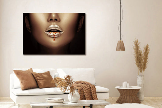 Glasschilderij Zilver met gouden lippen 120x80 cm